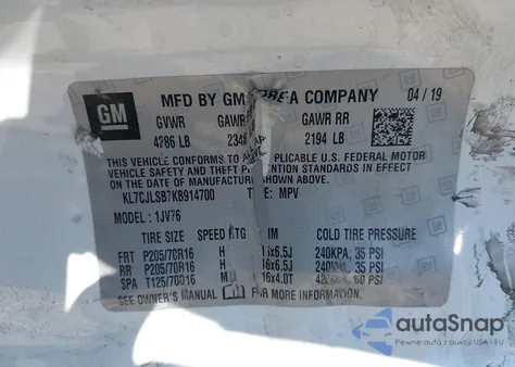 2019 Chevrolet Trax Lt из США, поврежденный, VIN KL7CJLSB7KB914700